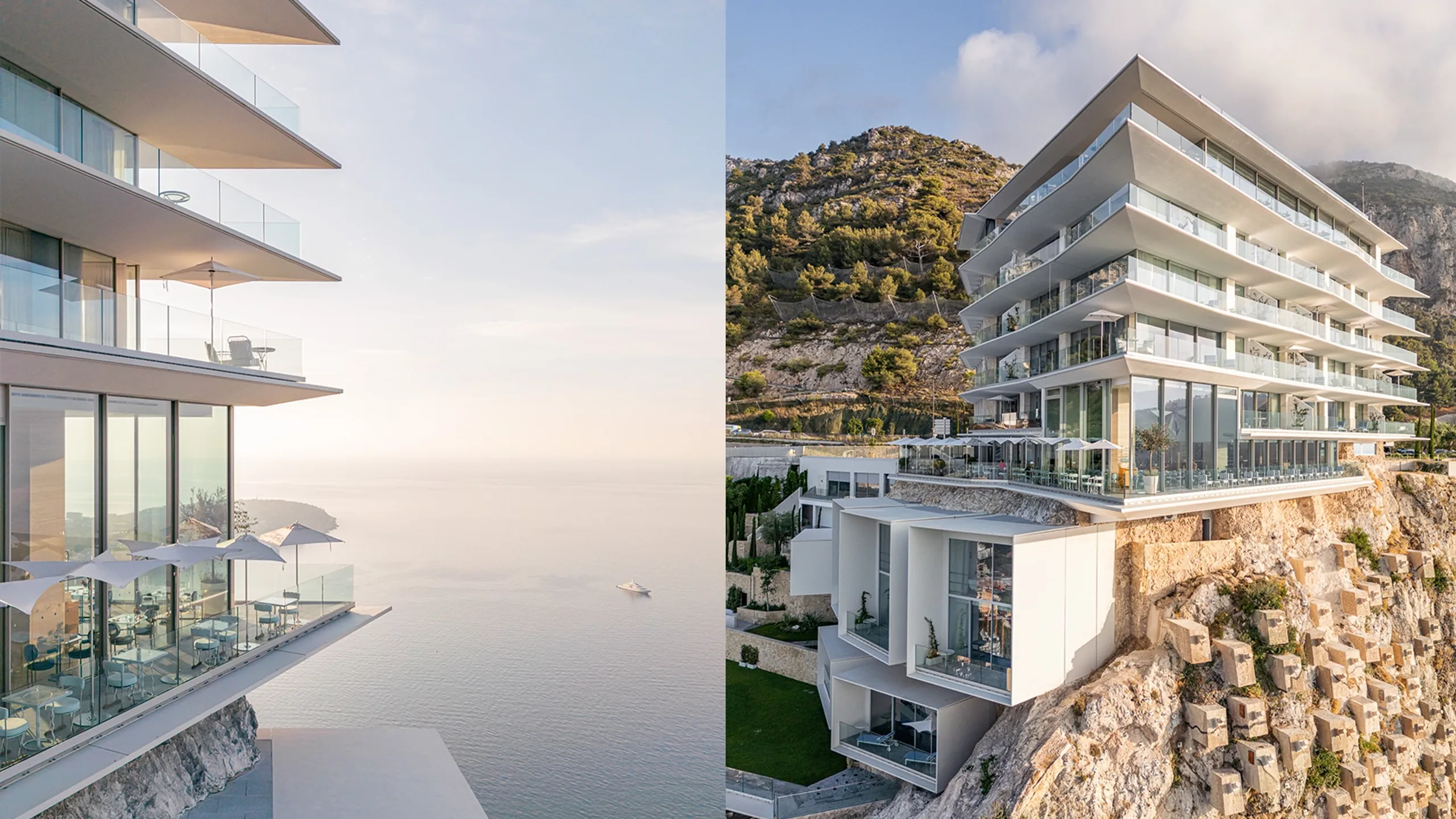 Large curtain wall facade overlooking the Mediterranean