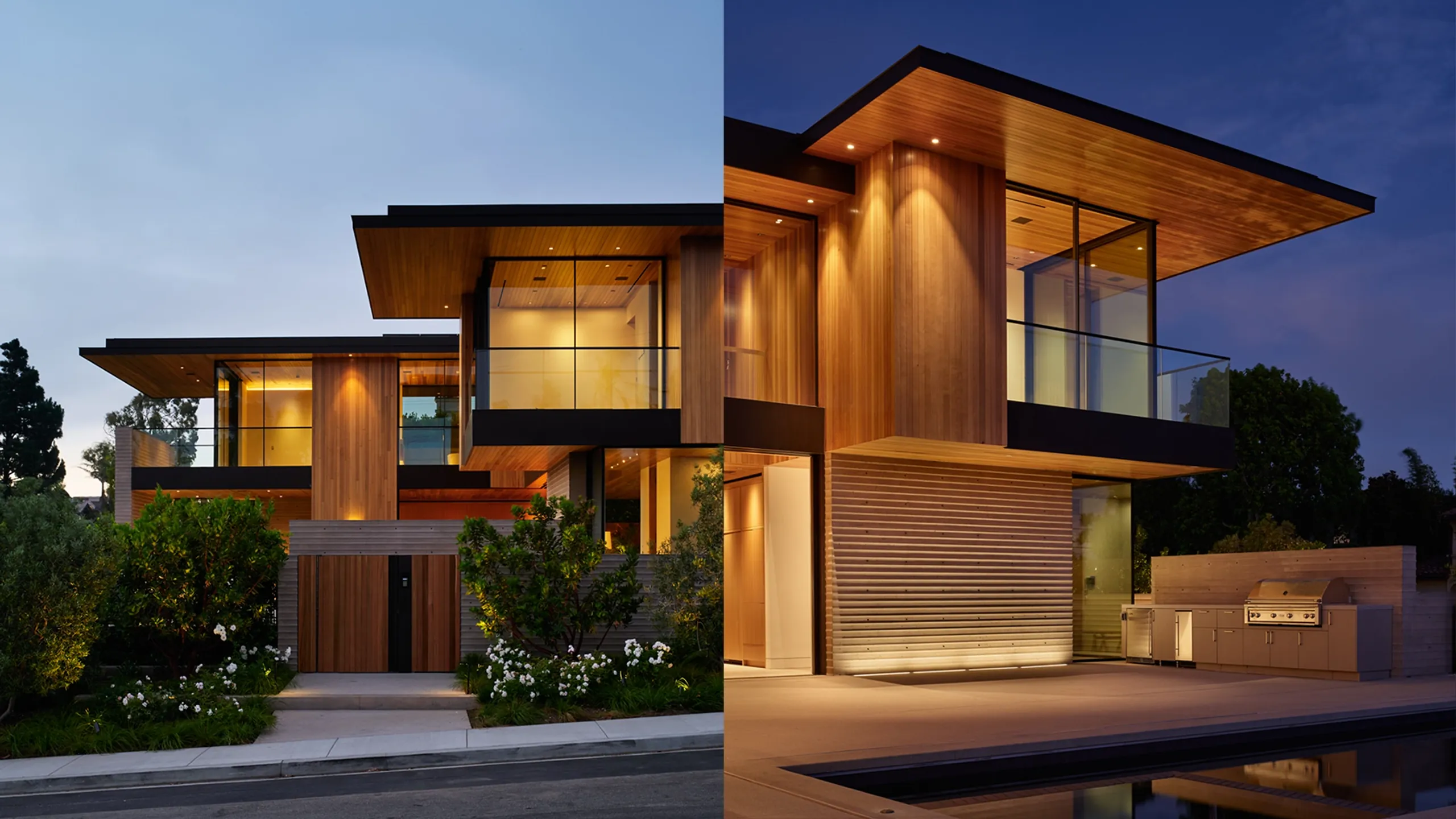 Precisely detailed tropical residence glowing at dusk
